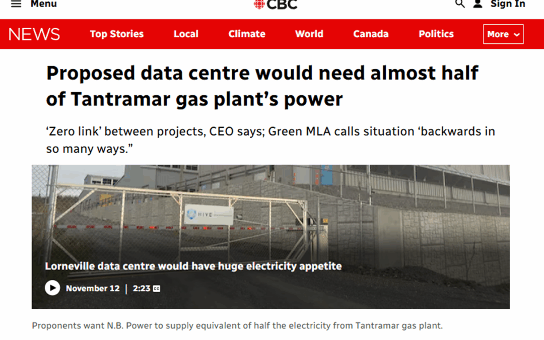 CBC Article Headlines: Proposed data centre would need almost half of Tantramar gas plant’s power